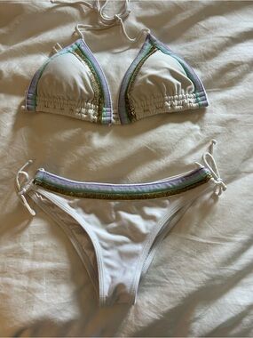 White Triangle Bikini Set with Pastel Trim